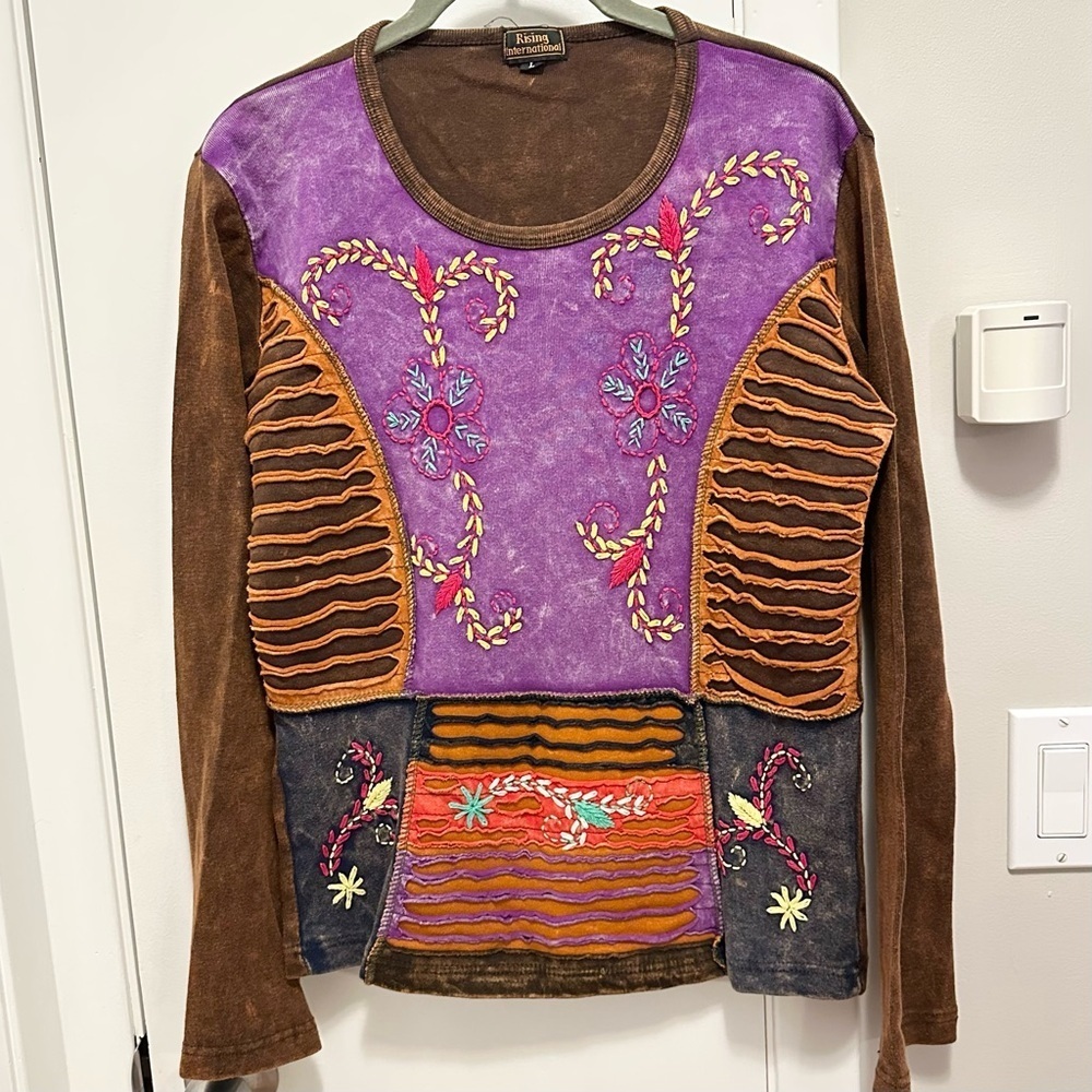 Rising International Embroidered Boho Hippie Nepal Top Shirt Women L Brown Purpl - Picture 2 of 9